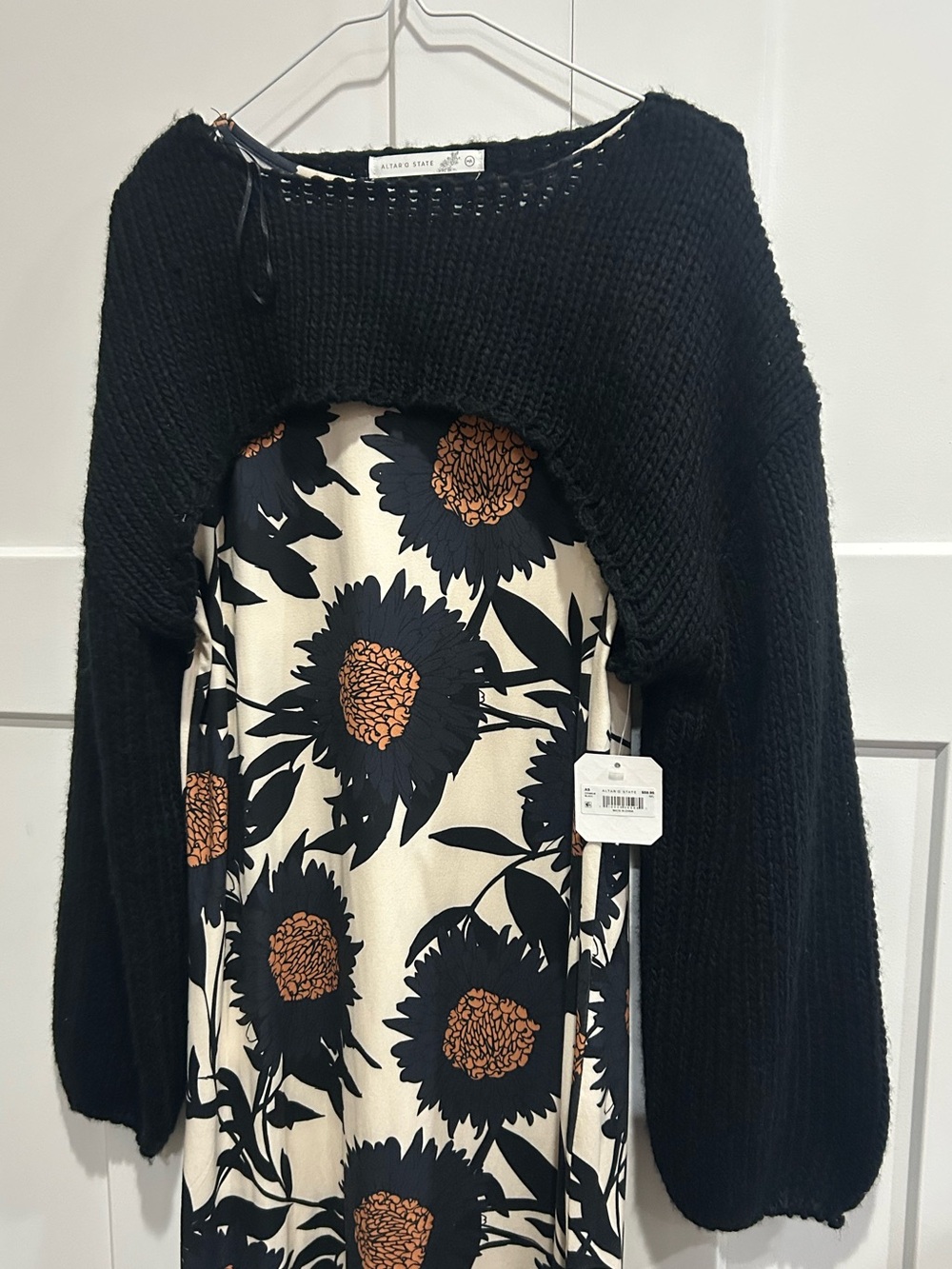 Altar'd State Black Cropped Knit Shrug with Cream & Black Floral Dress
